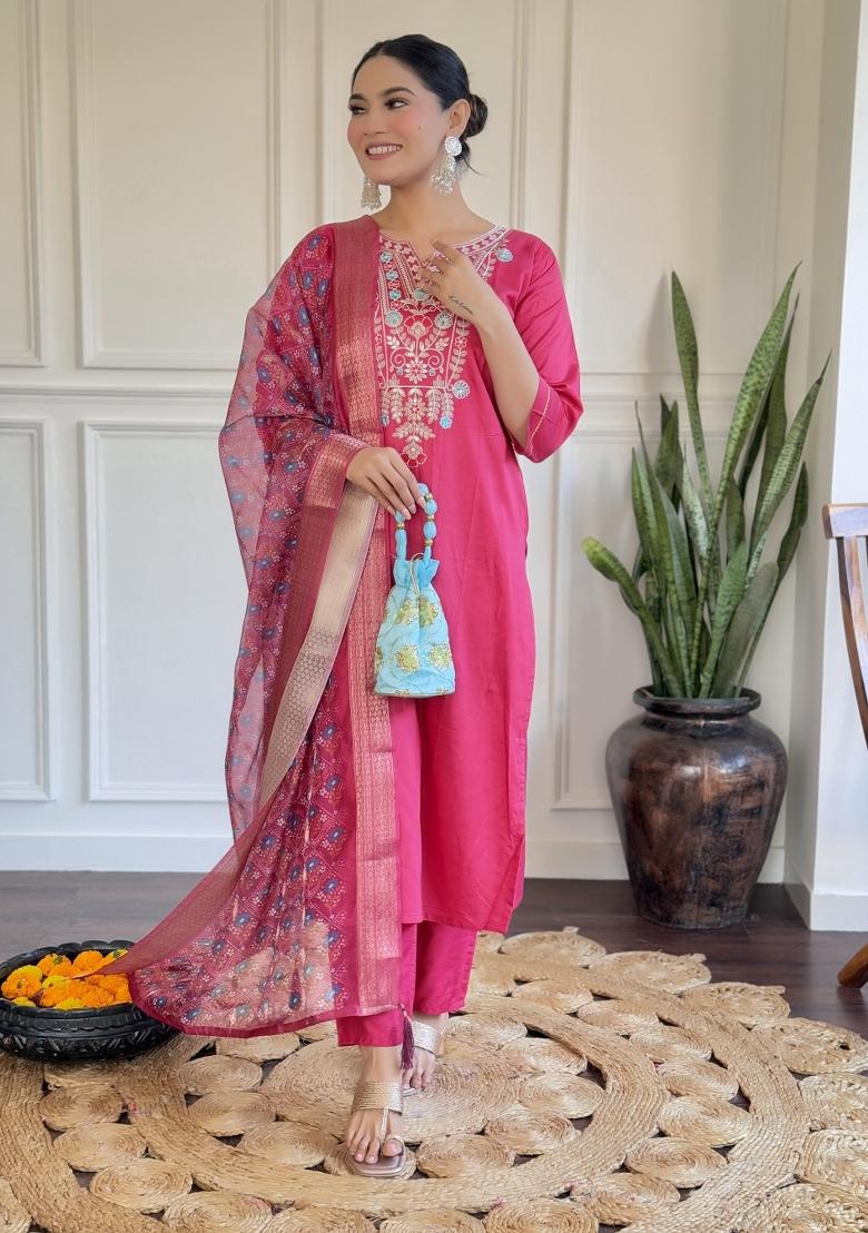 Pink Muslin Embroidered Kurta Set