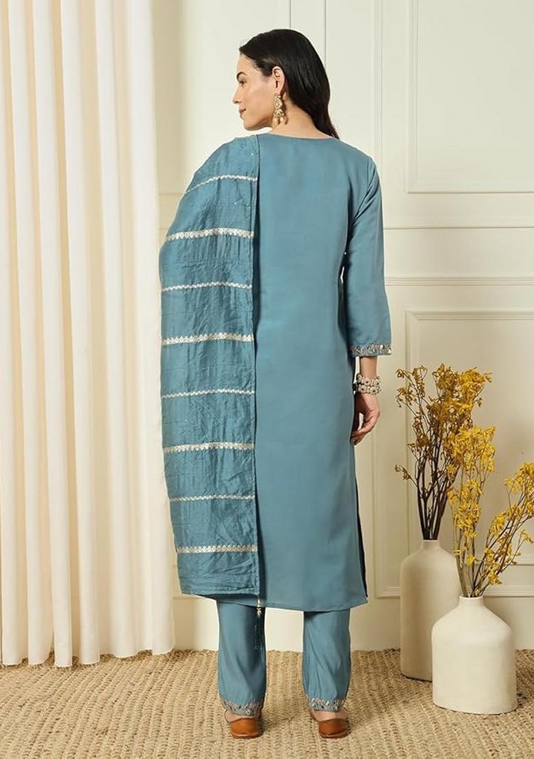 Blue Chanderi Embroidered Kurta Set