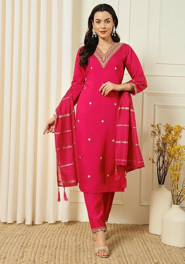 Pink Chanderi Embroidered Kurta Set