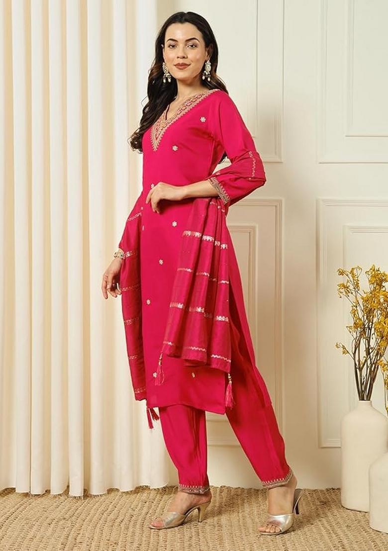 Pink Chanderi Embroidered Kurta Set