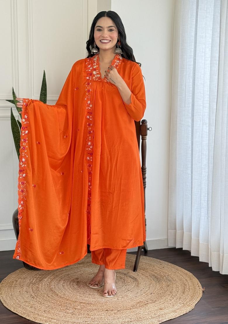 Maroon Viscose Embroidered Kurta Set