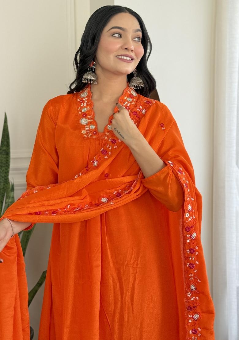 Maroon Viscose Embroidered Kurta Set