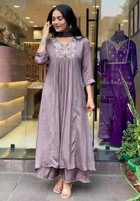 Purple Viscose Embroidered Kurta Set