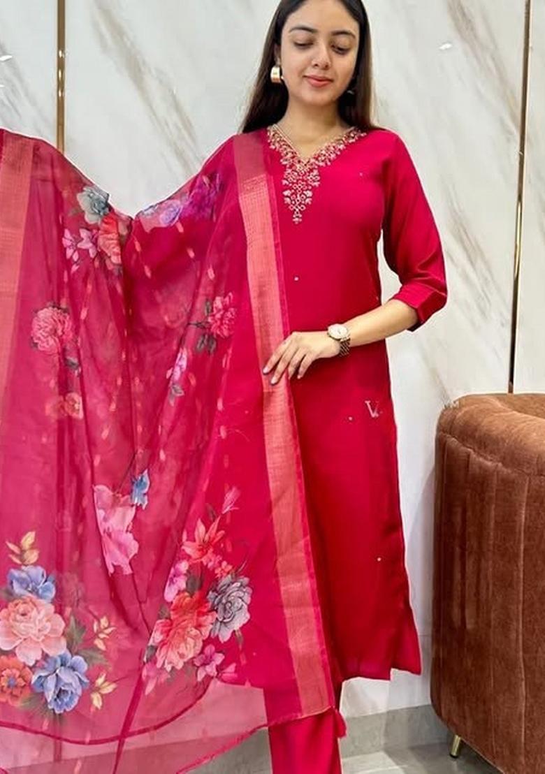 Pink Viscose Embroidered Kurta Set