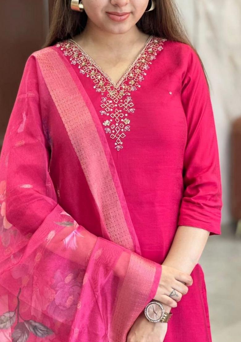 Pink Viscose Embroidered Kurta Set