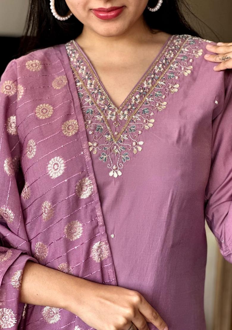 Pink Viscose Embroidered Kurta Set