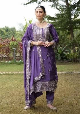 Purple Chinon Embroidered Kurta Set