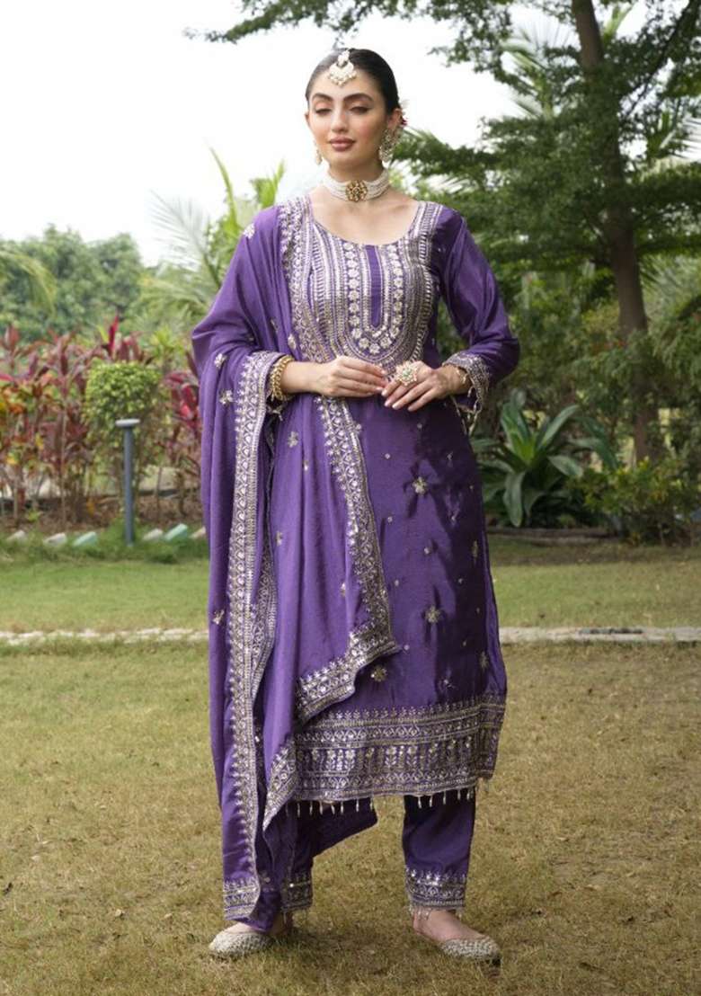 Purple Chinon Embroidered Kurta Set - Indya