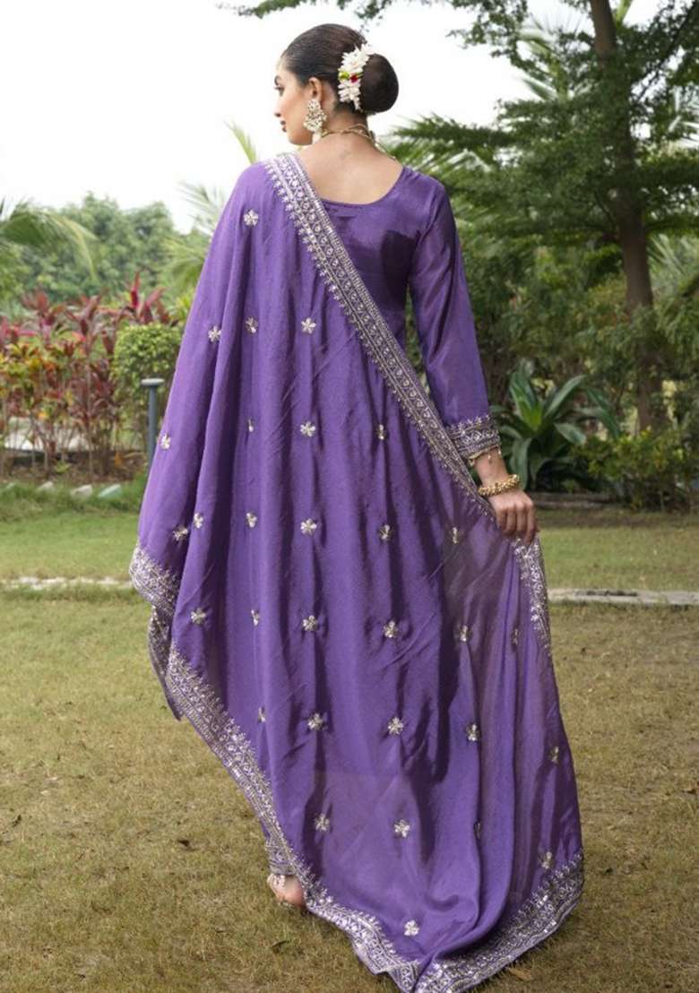 Purple Chinon Embroidered Kurta Set - Indya