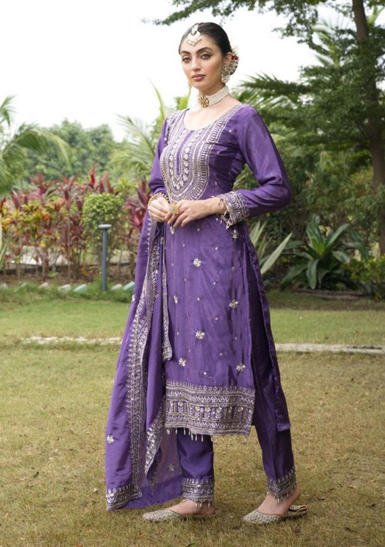 Purple Chinon Embroidered Kurta Set