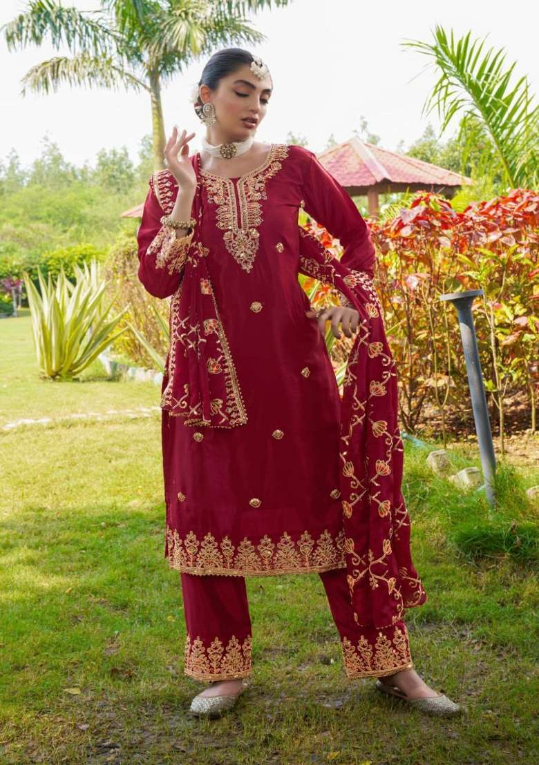 Red Embroidered Chinon Straight Kurta Set - Indya