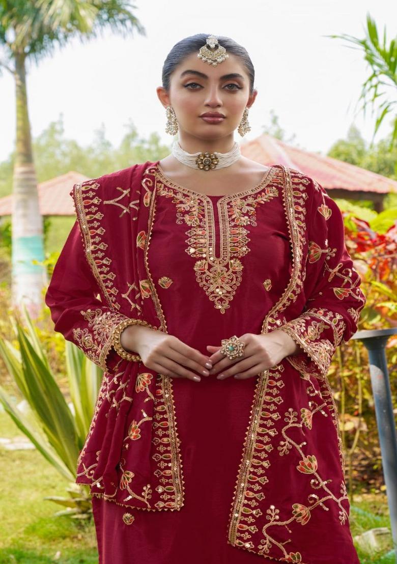 Red Chinon Embroidered Kurta Set