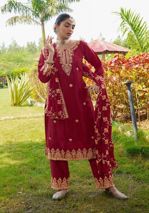 Red Chinon Embroidered Kurta Set