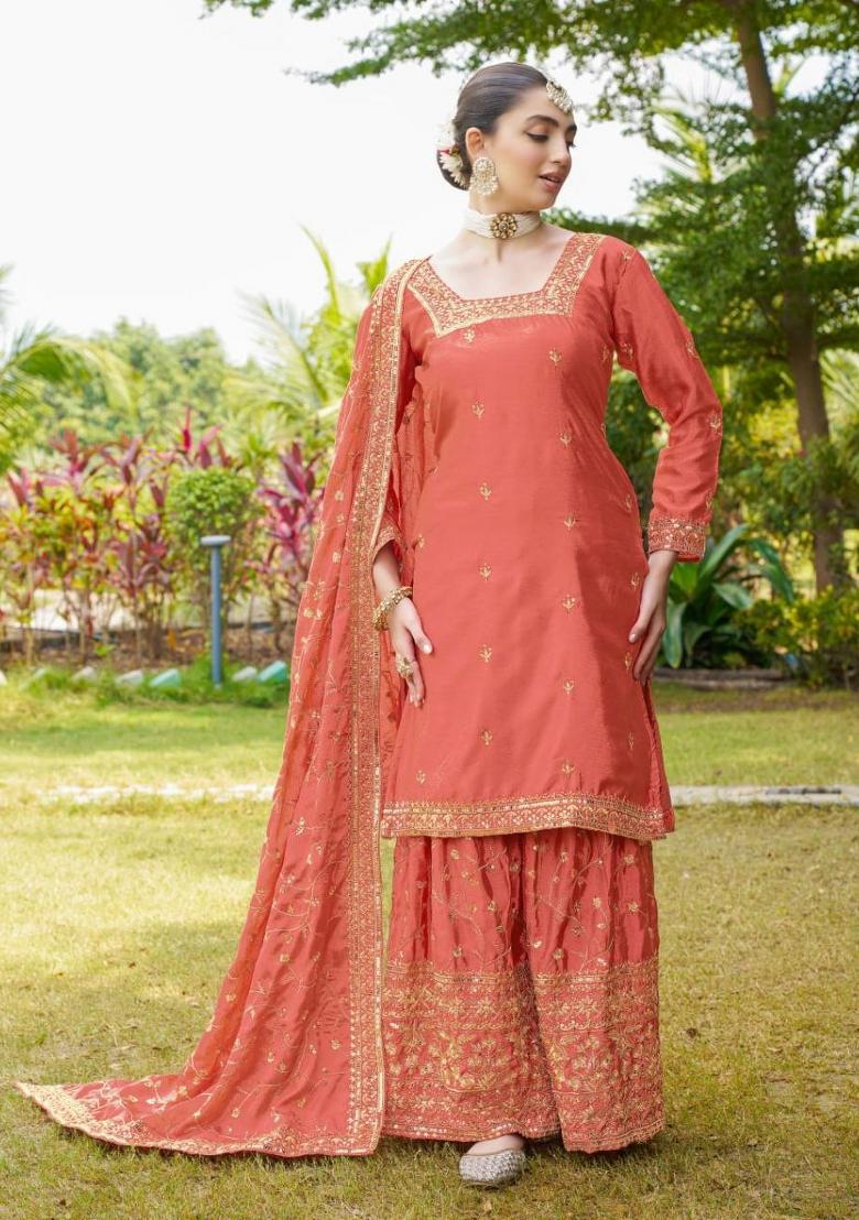 Orange Chinon Embroidered Kurta Set