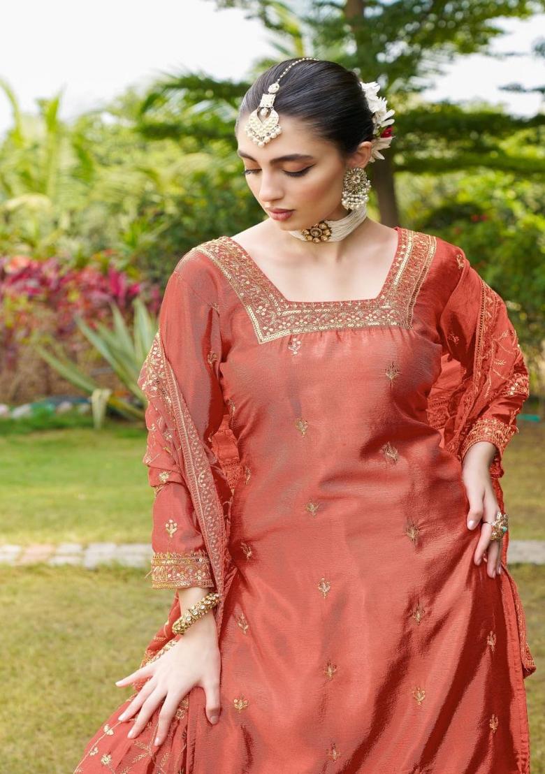 Orange Chinon Embroidered Kurta Set