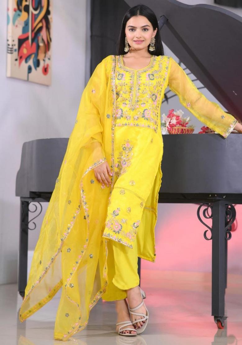 Yellow Organza Embroidered Kurta Set