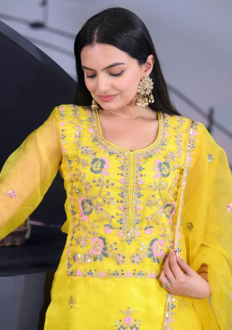 Yellow Organza Embroidered Kurta Set