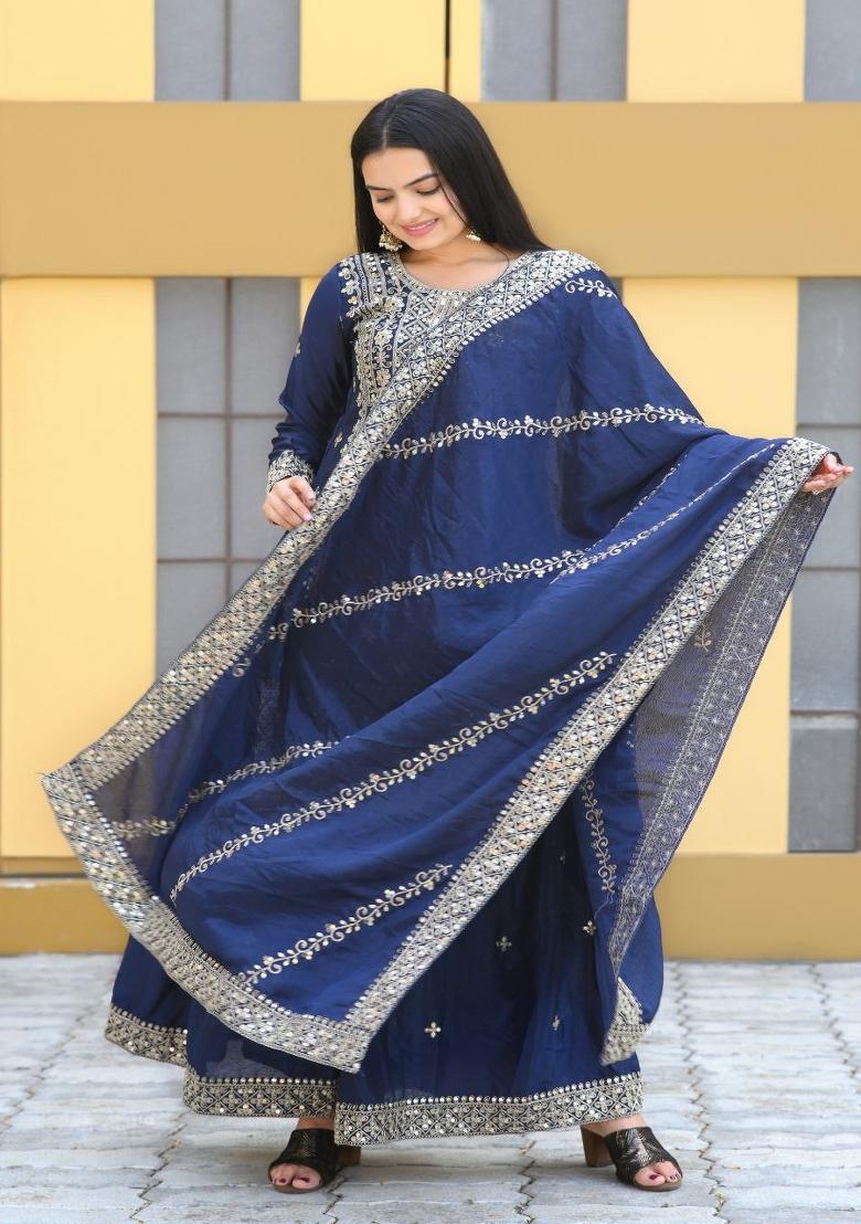 Blue Chinon Embroidered Kurta Set