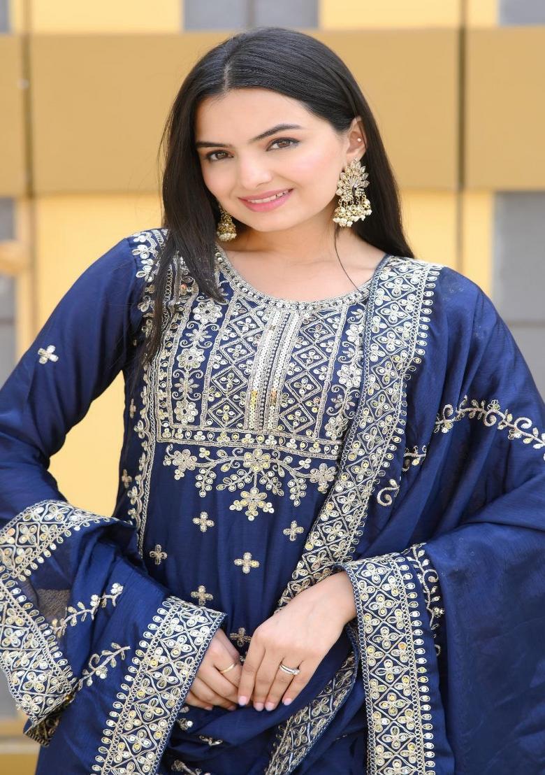 Blue Chinon Embroidered Kurta Set