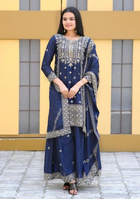 Blue Chinon Embroidered Kurta Set