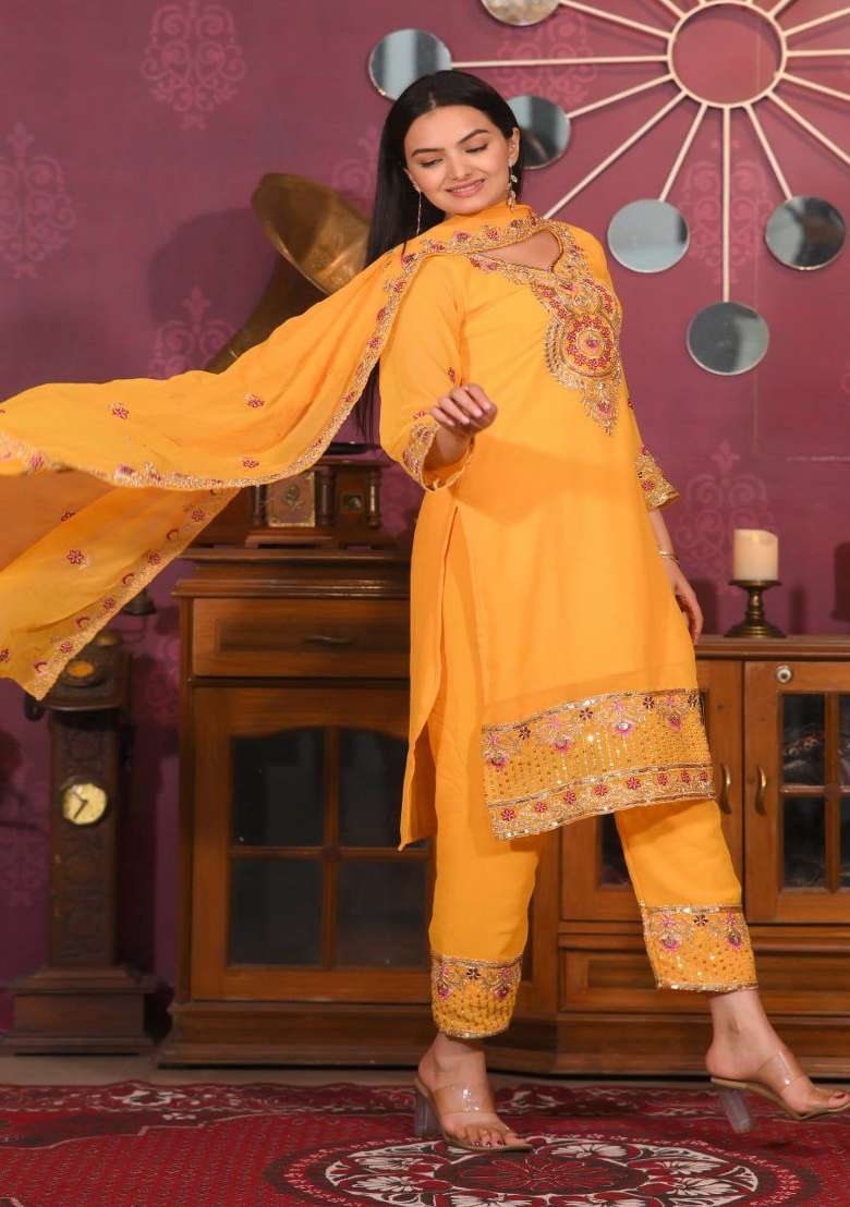 Yellow Embroidered Georgette Straight Kurta Set - Indya