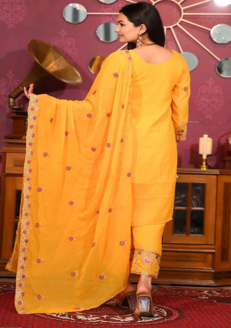 Yellow Embroidered Georgette Straight Kurta Set - Indya
