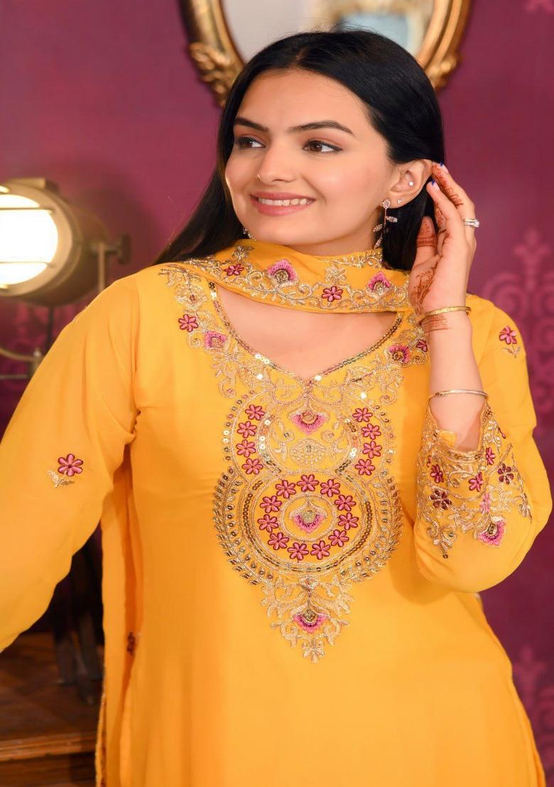 Yellow Georgette Embroidered Kurta Set