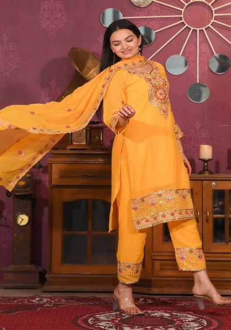 Yellow Georgette Embroidered Kurta Set