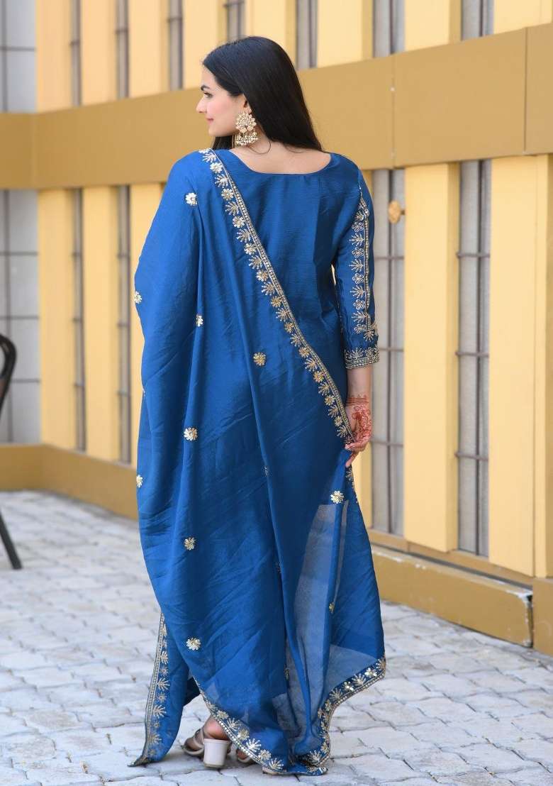 Blue Embroidered Chinon Straight Kurta Set - Indya