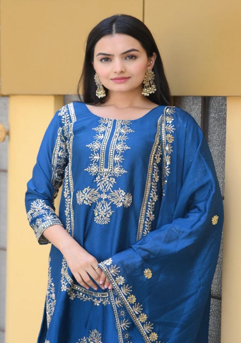 Blue Chinon Embroidered Kurta Set