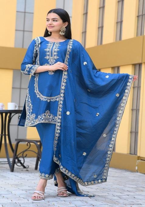 Blue Chinon Embroidered Kurta Set