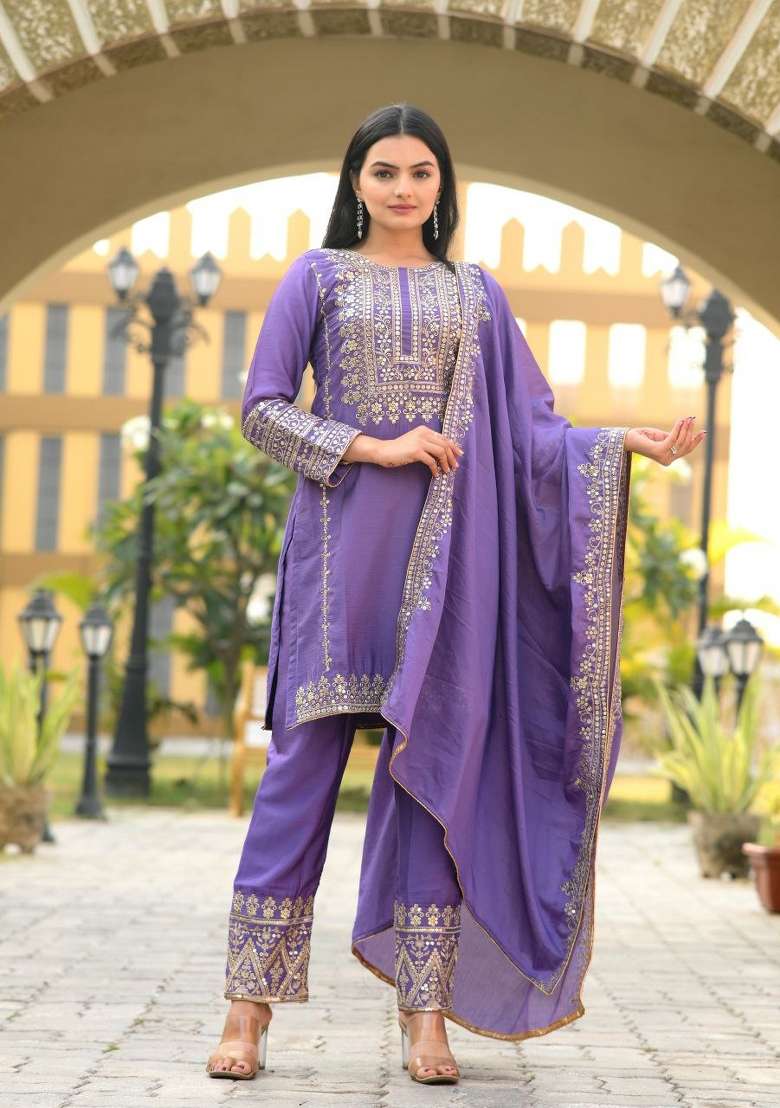 Purple Embroidered Chinon Straight Kurta Set - Indya