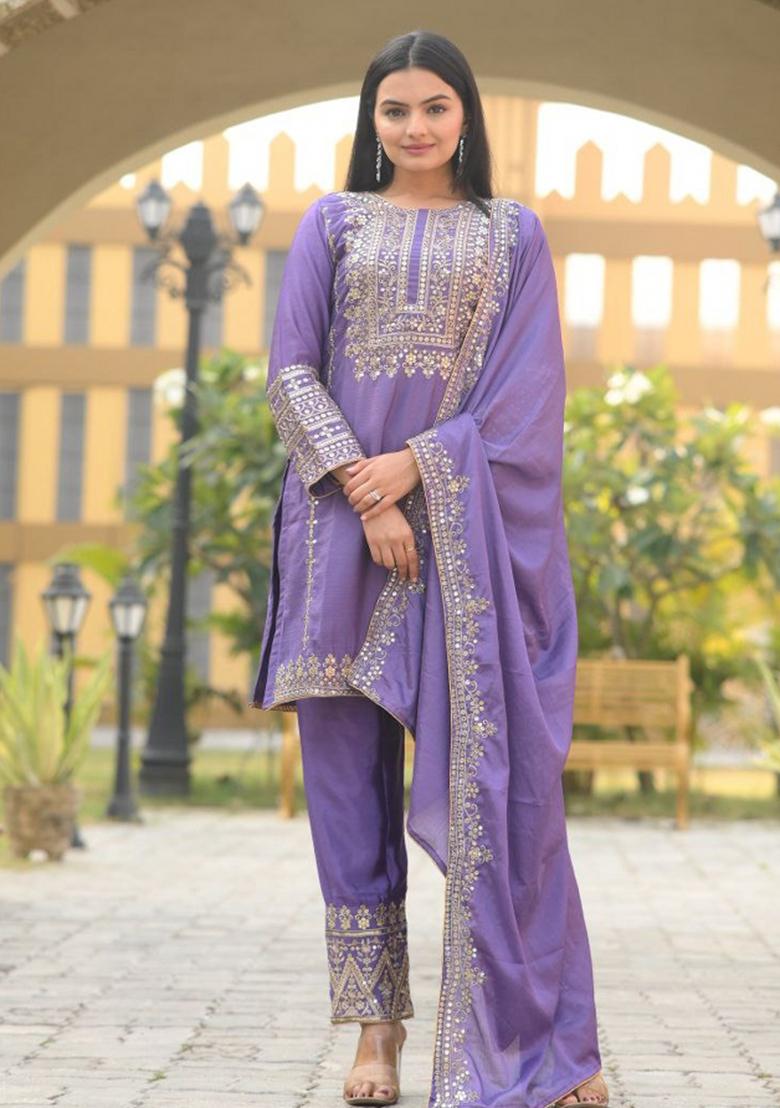 Purple Chinon Embroidered Kurta Set