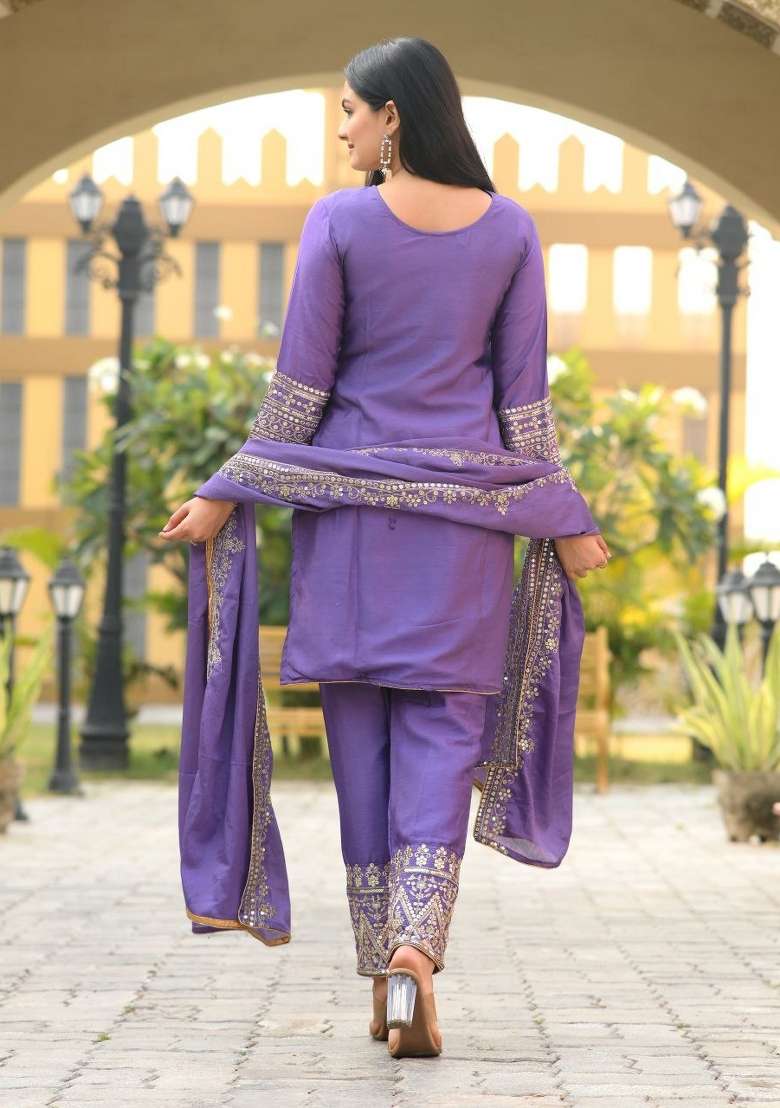 Purple Embroidered Chinon Straight Kurta Set - Indya