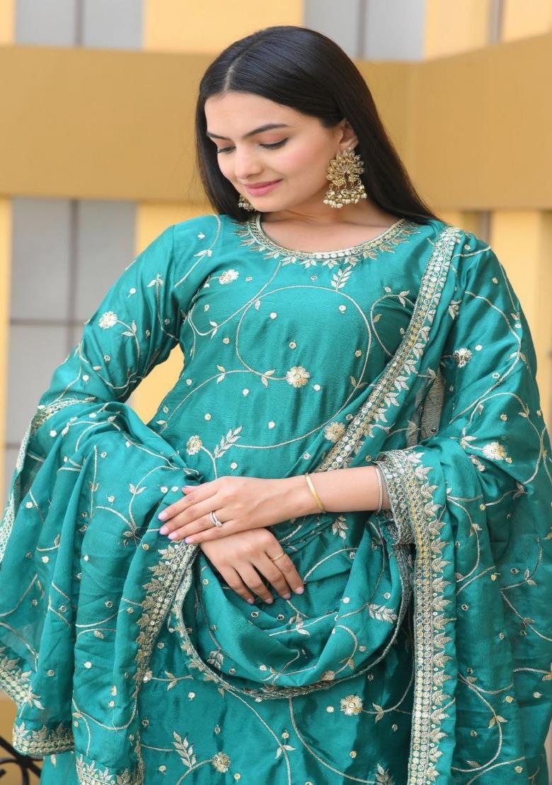 Green Chinon Embroidered Kurta Set