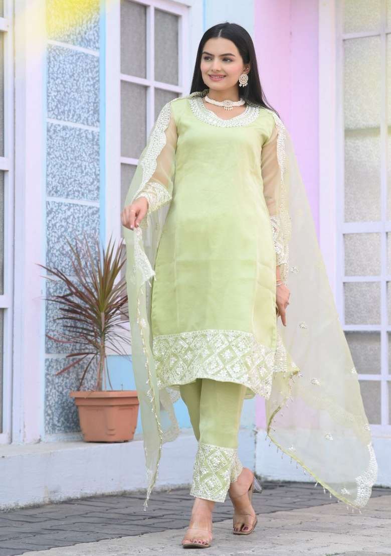 Green Chikankari Organza Straight Kurta Set - Indya