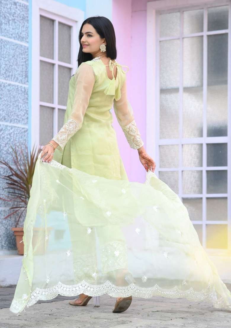 Green Chikankari Organza Straight Kurta Set - Indya