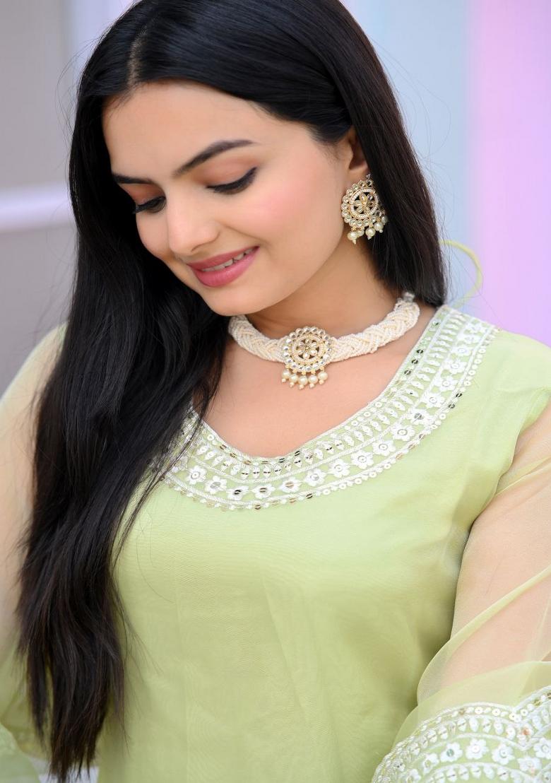 Green Organza Embroidered Kurta Set