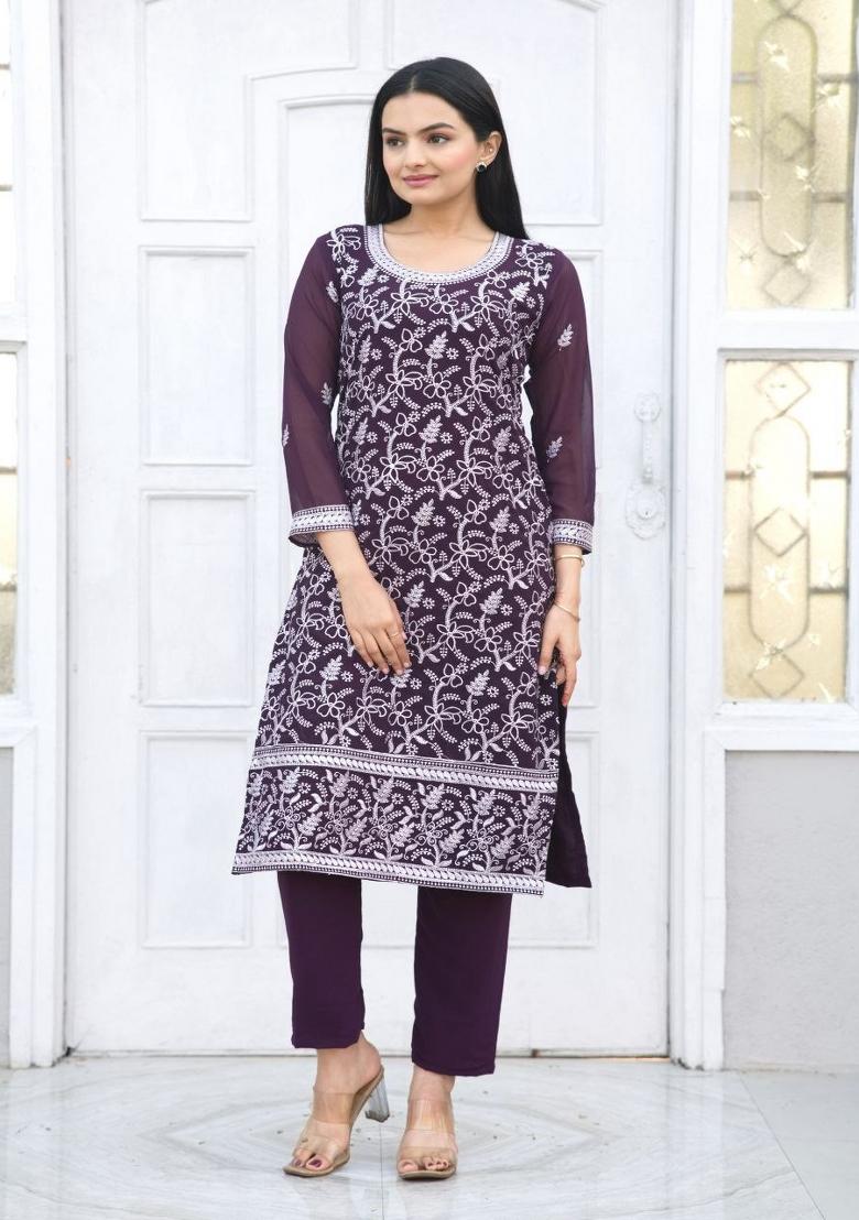 Wine Georgette Embroidered Kurta Set