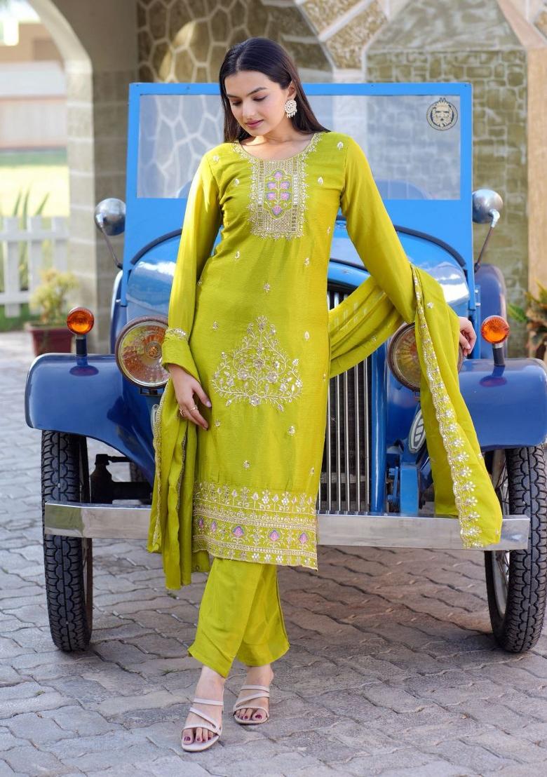Green Chinon Embroidered Kurta Set