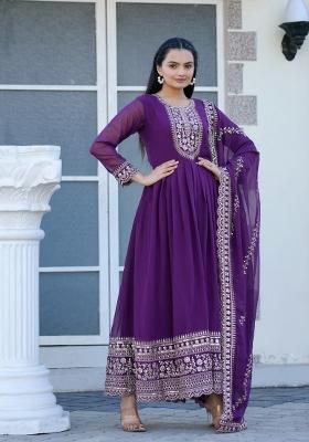 Purple Georgette Embroidered Kurta Set