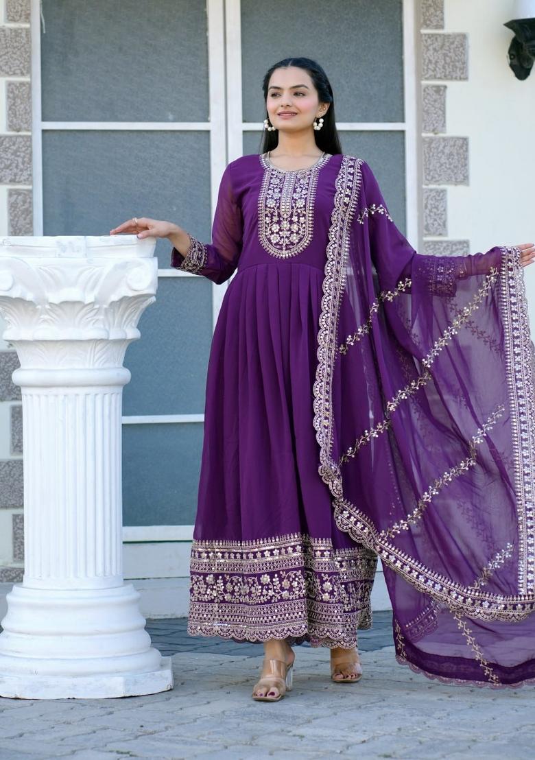 Purple Georgette Embroidered Kurta Set