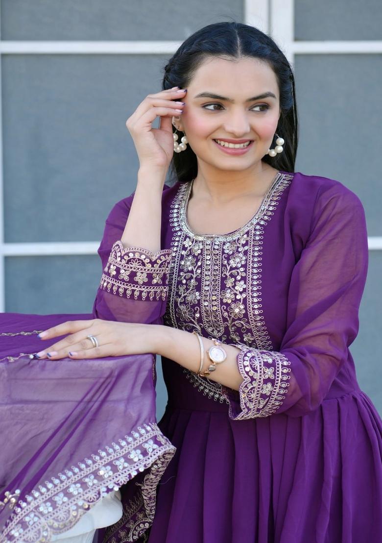 Purple Georgette Embroidered Kurta Set
