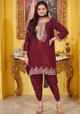 Maroon Chinon Embroidered Kurta Set