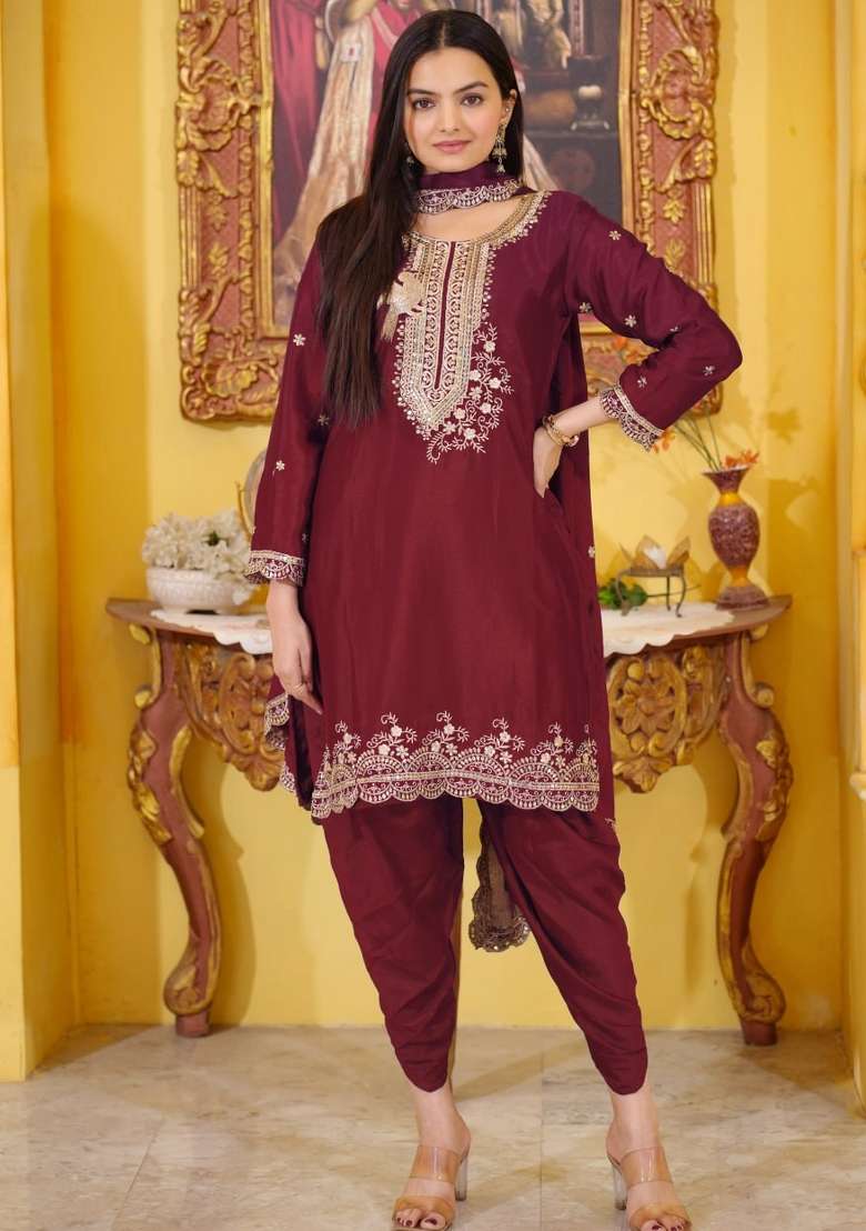 Maroon Embroidered Chinon Punjabi Suit - Indya