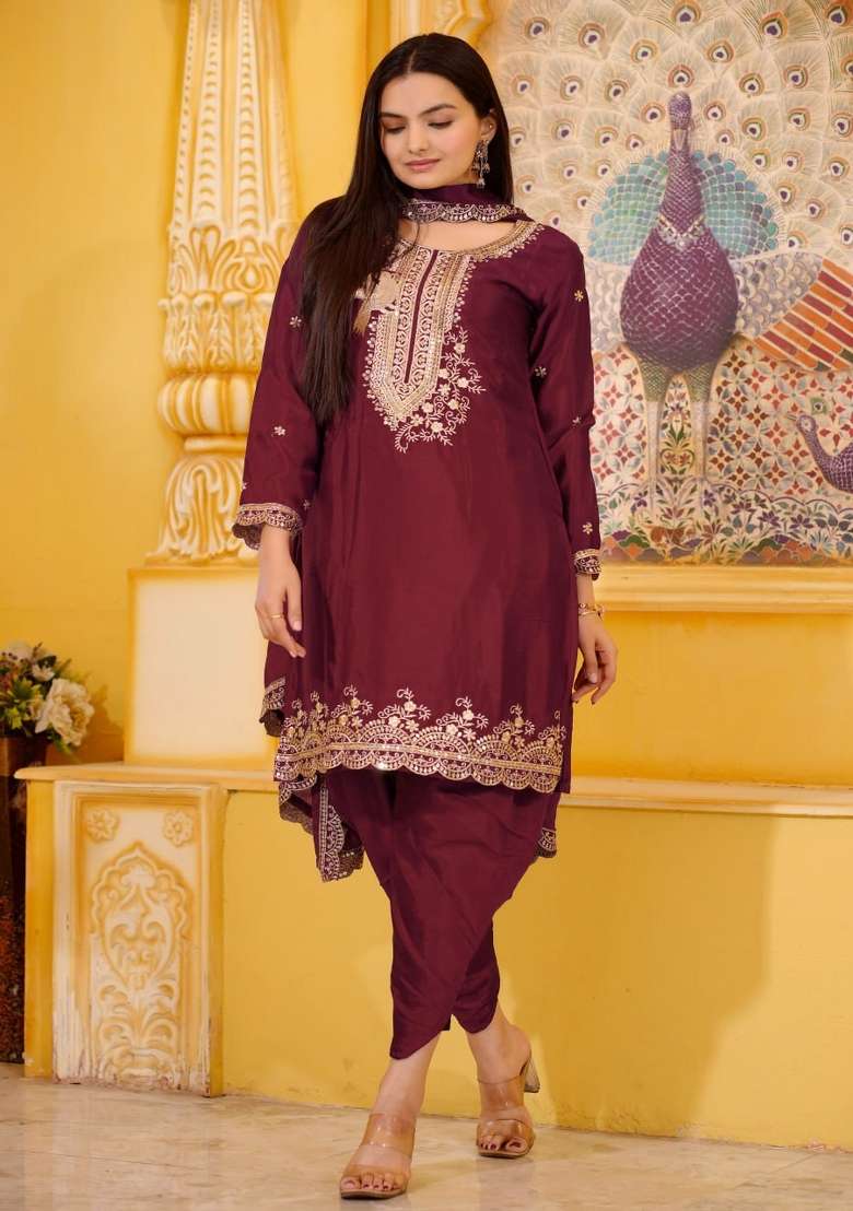Maroon Embroidered Chinon Punjabi Suit - Indya