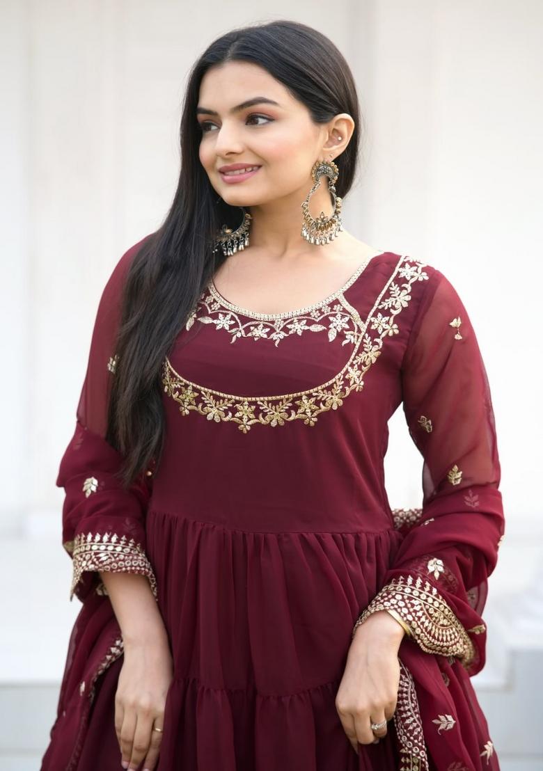 Maroon Georgette Embroidered Kurta Set