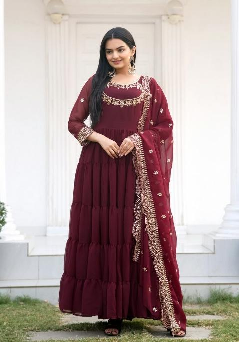Maroon Georgette Embroidered Kurta Set