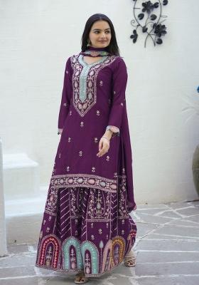 Purple Chinon Embroidered Kurta Set
