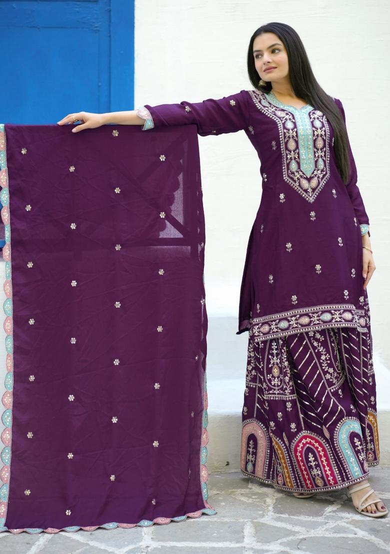 Purple Chinon Embroidered Kurta Set